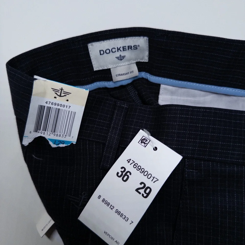 Dockers Signature Khaki Pants 36x29 Blue Gray Straight Micro Grid Check Stretch